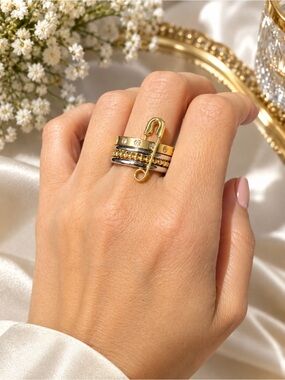 18K Gold Plated  Stackable Safety Pin Ring with Crystal Accents